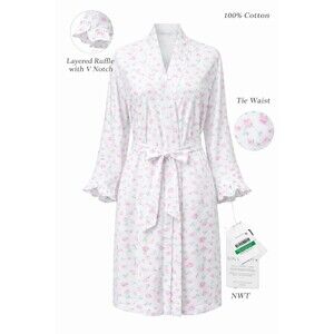 Eileen West Women’s Floral Cotton Robe Water Rose Tie Waist Nightgown L/XL NWT